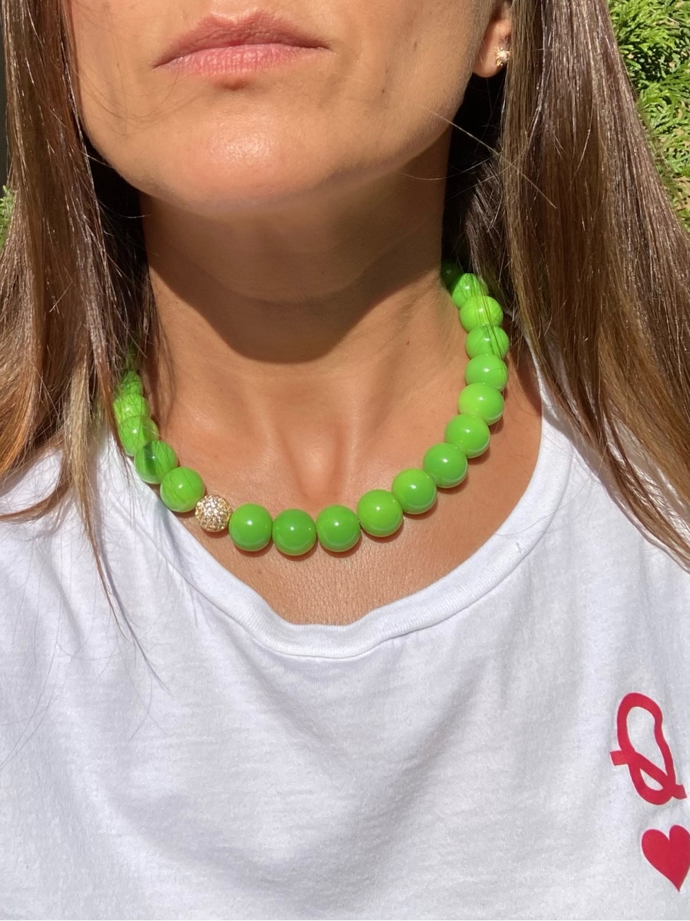 Hand made Lime Beaded Necklace with Gold Accent, 16 inches
